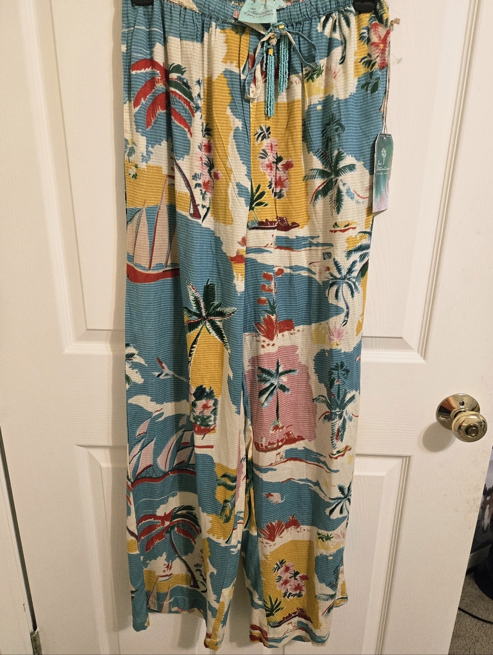 SOLD Wide Leg Tropical Print Pants - Teal Multi